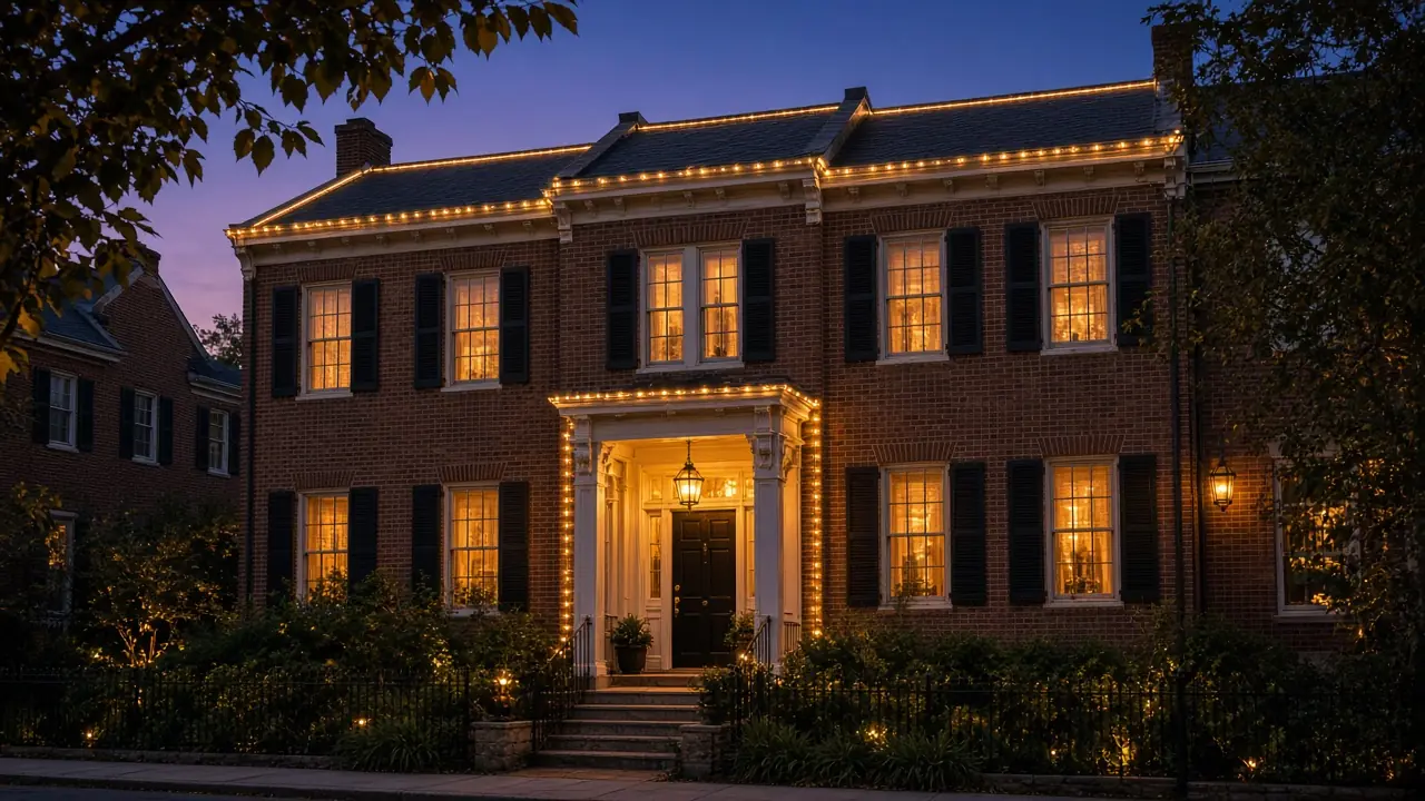 Diwali light installation in Fairfax, VA by Light DMV — dusk roofline hero with gold-amber LED