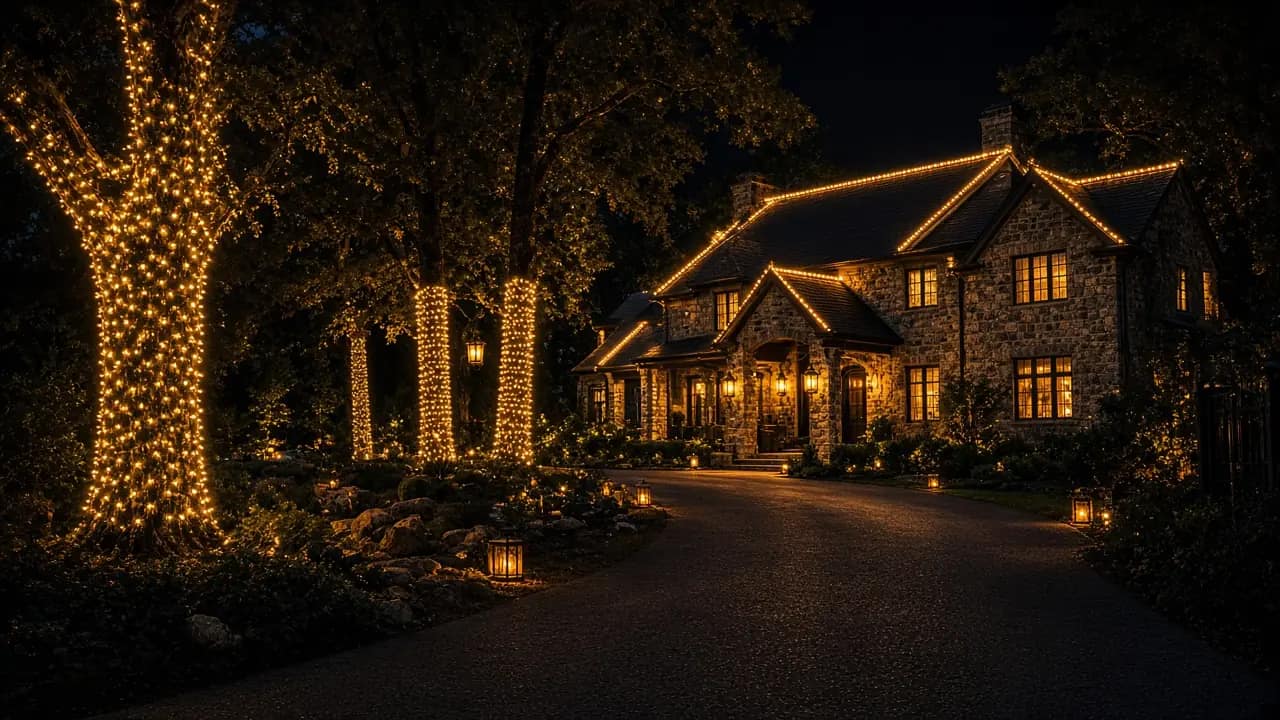 Diwali light installation in Great Falls, VA by Light DMV — dusk roofline hero with gold-amber LED