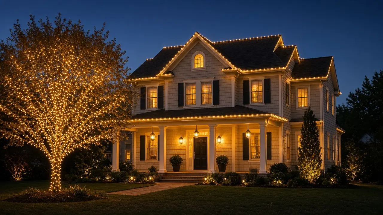 Diwali light installation in Herndon, VA by Light DMV — dusk roofline hero with gold-amber LED