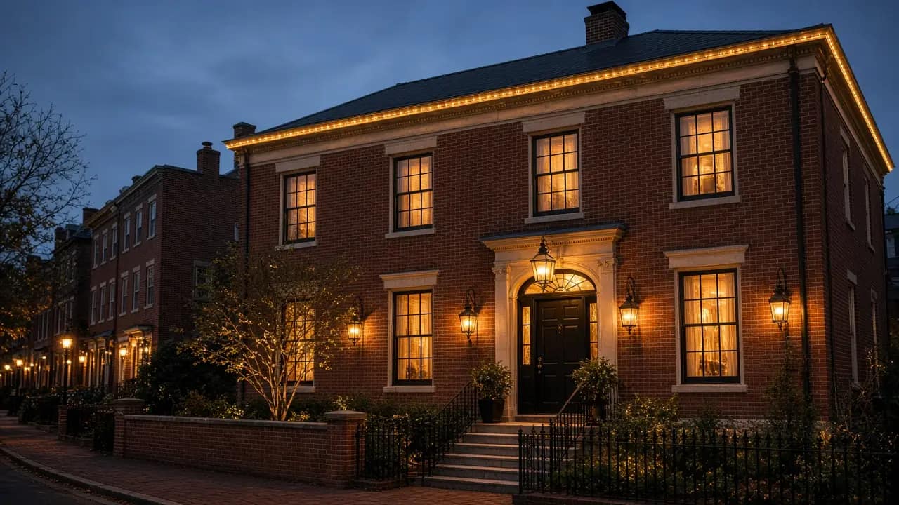 Diwali light installation in Leesburg, VA by Light DMV — dusk roofline hero with gold-amber LED