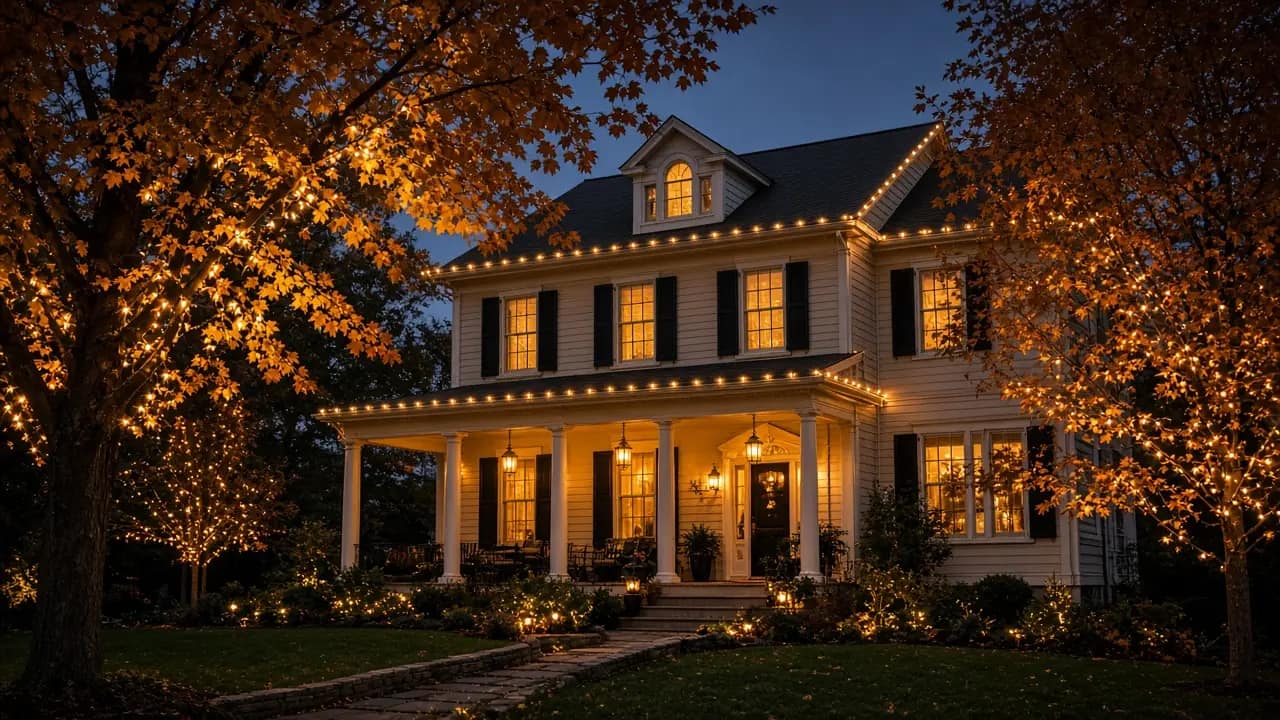 Diwali light installation in Vienna, VA by Light DMV — dusk roofline hero with gold-amber LED