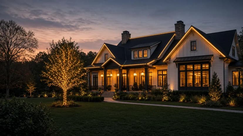 Diwali light installation in Aldie, VA by Light DMV — dusk roofline hero with gold-amber LED