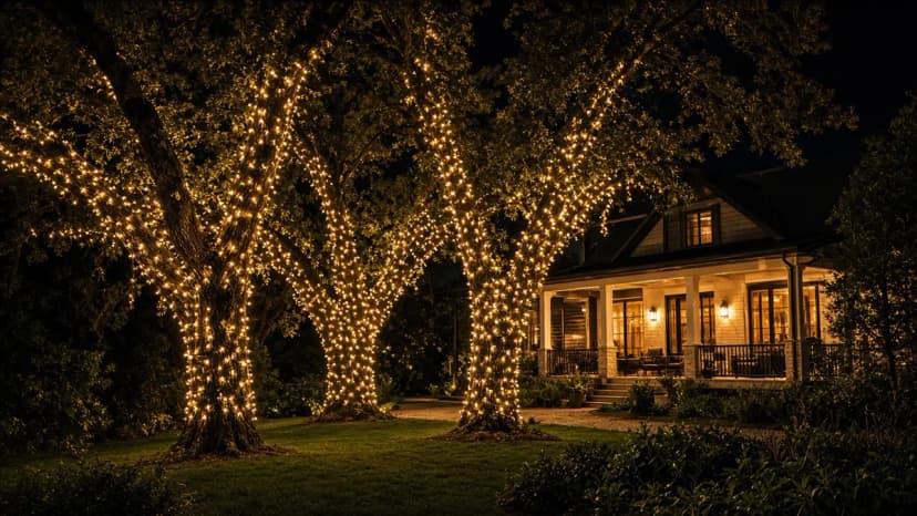 Diwali light installation in Aldie, VA by Light DMV — amber tree wraps beside the home