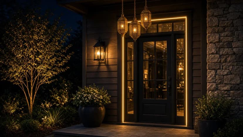 Diwali light installation in Aldie, VA by Light DMV — front entry hanging lanterns