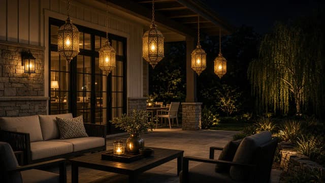 Diwali light installation in Aldie, VA by Light DMV — backyard patio lantern glow