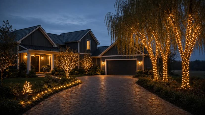 Diwali light installation in Aldie, VA by Light DMV — driveway approach at dusk