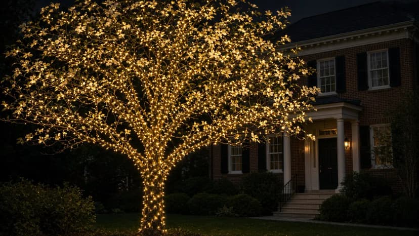 Diwali light installation in Fairfax, VA by Light DMV — amber tree wraps beside the home