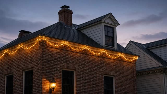 Diwali light installation in Fairfax, VA by Light DMV — gold LED roofline close-up