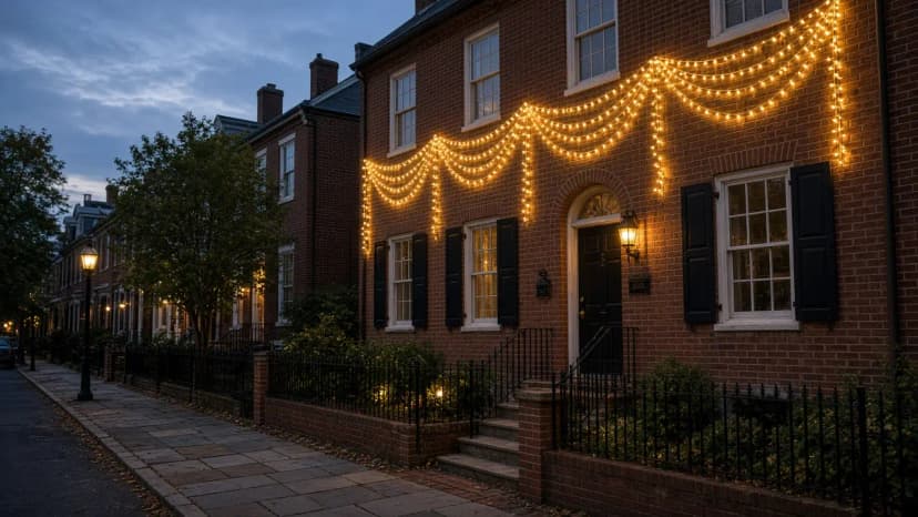 Diwali light installation in Fairfax, VA by Light DMV — driveway approach at dusk