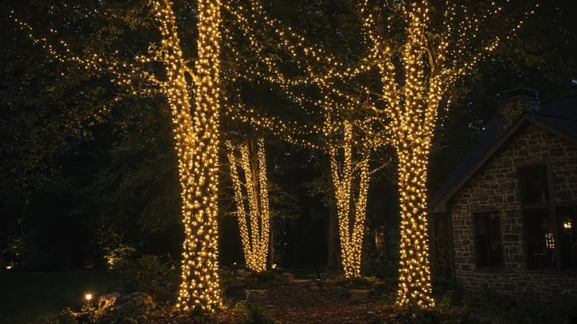 Diwali light installation in Great Falls, VA by Light DMV — amber tree wraps beside the home
