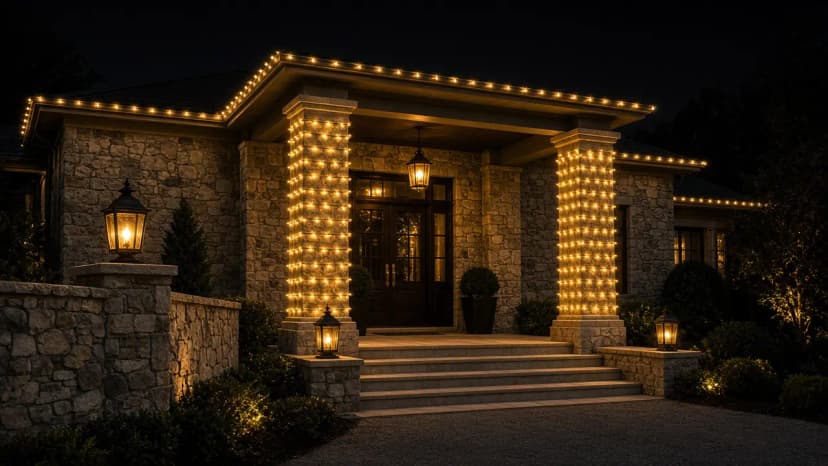 Diwali light installation in Great Falls, VA by Light DMV — front entry hanging lanterns