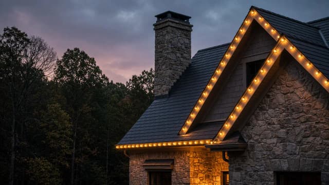 Diwali light installation in Great Falls, VA by Light DMV — gold LED roofline close-up