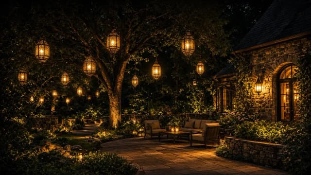Diwali light installation in Great Falls, VA by Light DMV — backyard patio lantern glow