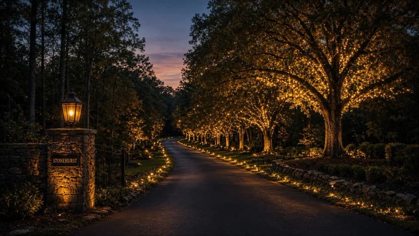 Diwali light installation in Great Falls, VA by Light DMV — driveway approach at dusk