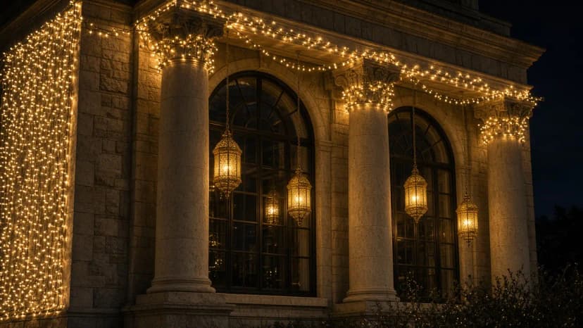 Diwali light installation in Great Falls, VA by Light DMV — porch and window facade detail