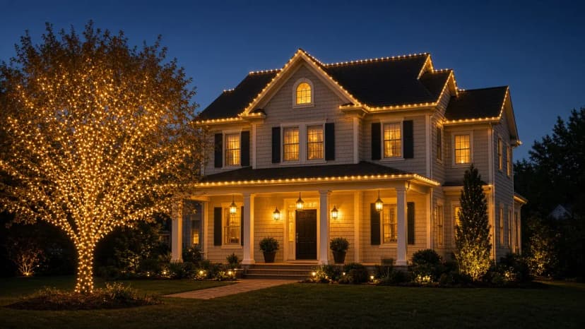 Diwali light installation in Herndon, VA by Light DMV — dusk roofline hero with gold-amber LED