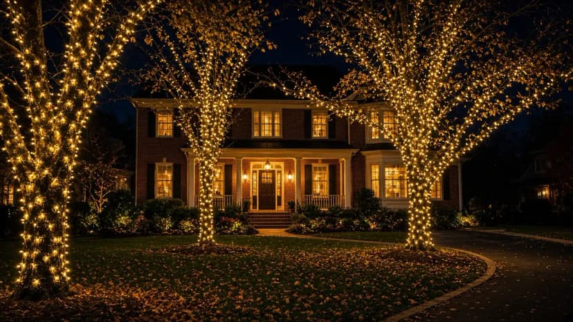 Diwali light installation in Herndon, VA by Light DMV — amber tree wraps beside the home