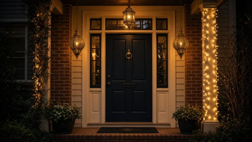 Diwali light installation in Herndon, VA by Light DMV — front entry hanging lanterns