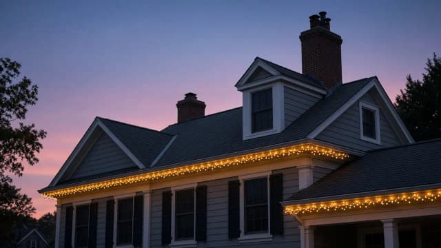 Diwali light installation in Herndon, VA by Light DMV — gold LED roofline close-up