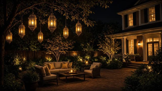 Diwali light installation in Herndon, VA by Light DMV — backyard patio lantern glow