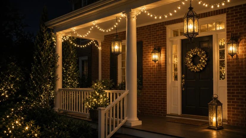 Diwali light installation in Herndon, VA by Light DMV — porch and window facade detail