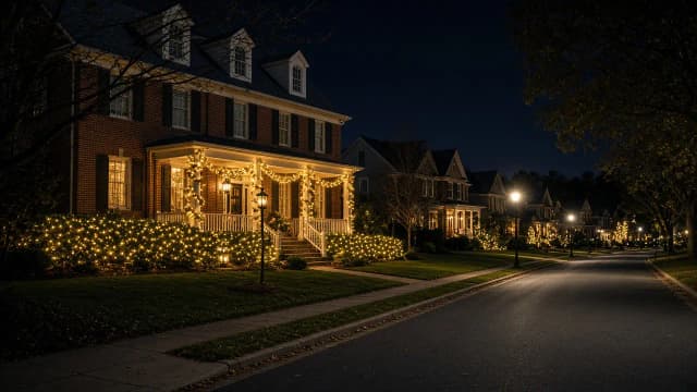 Diwali light installation in Herndon, VA by Light DMV — neighborhood street at night
