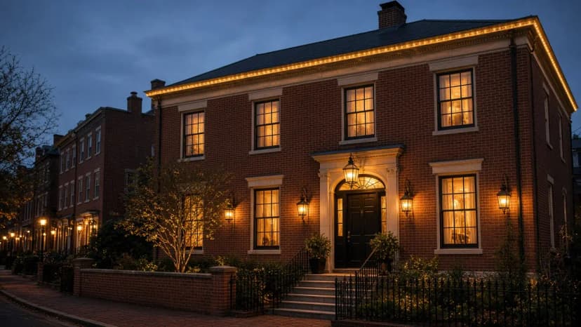 Diwali light installation in Leesburg, VA by Light DMV — dusk roofline hero with gold-amber LED