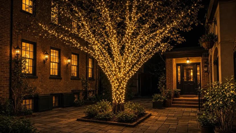Diwali light installation in Leesburg, VA by Light DMV — amber tree wraps beside the home
