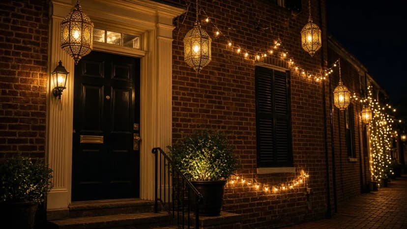 Diwali light installation in Leesburg, VA by Light DMV — front entry hanging lanterns