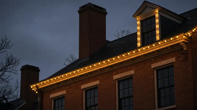 Diwali light installation in Leesburg, VA by Light DMV — gold LED roofline close-up
