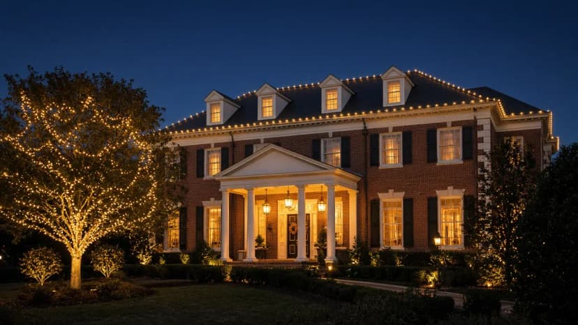 Diwali light installation in McLean, VA by Light DMV — dusk roofline hero with gold-amber LED