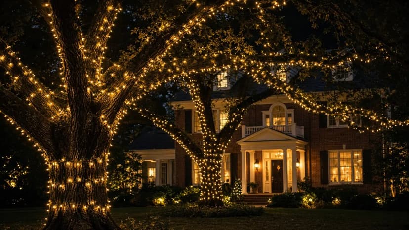 Diwali light installation in McLean, VA by Light DMV — amber tree wraps beside the home