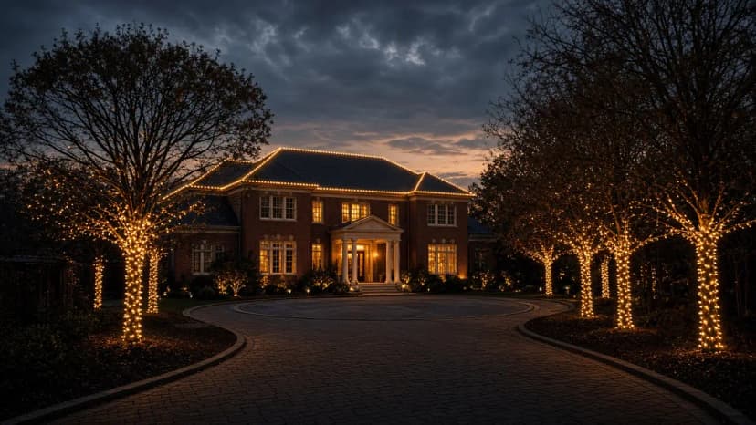 Diwali light installation in McLean, VA by Light DMV — driveway approach at dusk