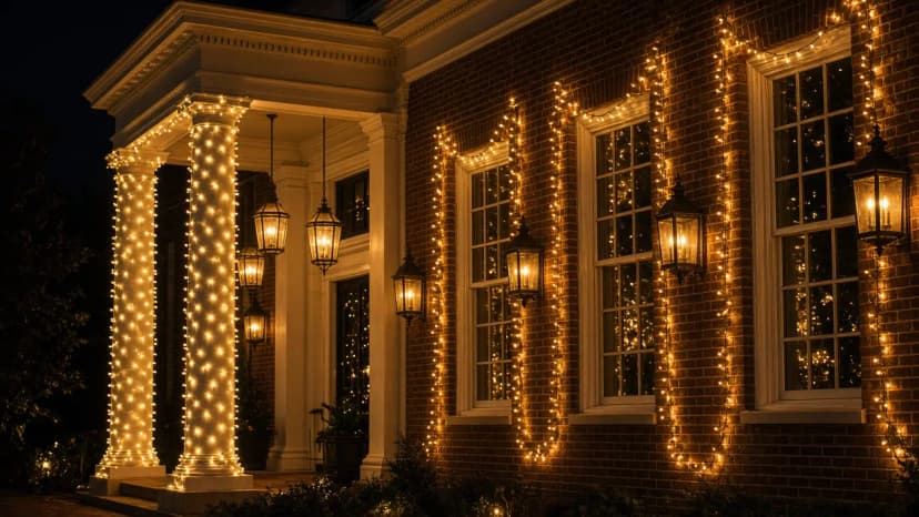 Diwali light installation in McLean, VA by Light DMV — porch and window facade detail