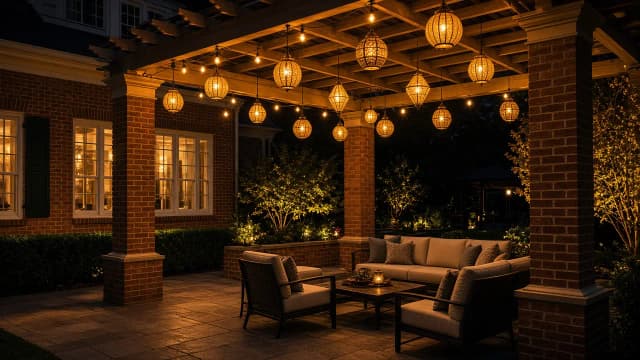 Diwali light installation in McLean, VA by Light DMV — pergola lantern canopy