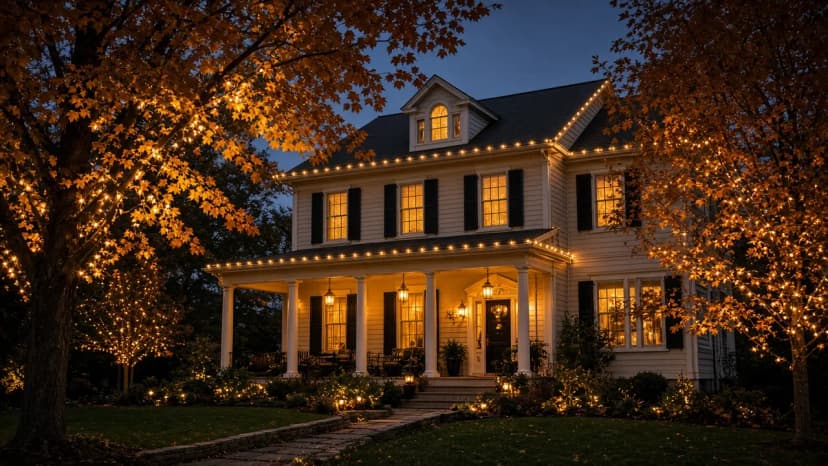 Diwali light installation in Vienna, VA by Light DMV — dusk roofline hero with gold-amber LED