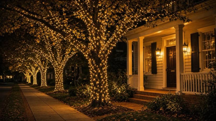 Diwali light installation in Vienna, VA by Light DMV — amber tree wraps beside the home