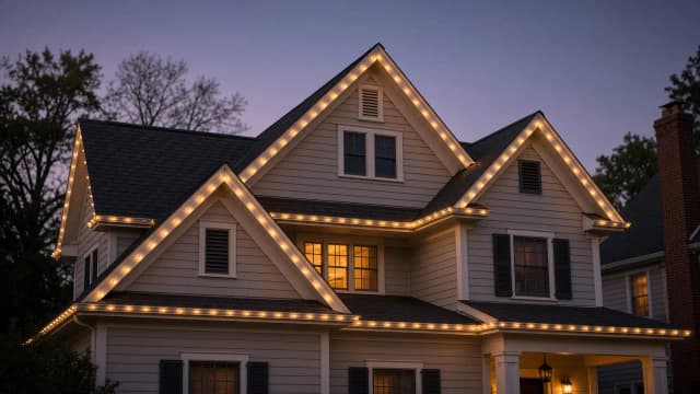 Diwali light installation in Vienna, VA by Light DMV — gold LED roofline close-up