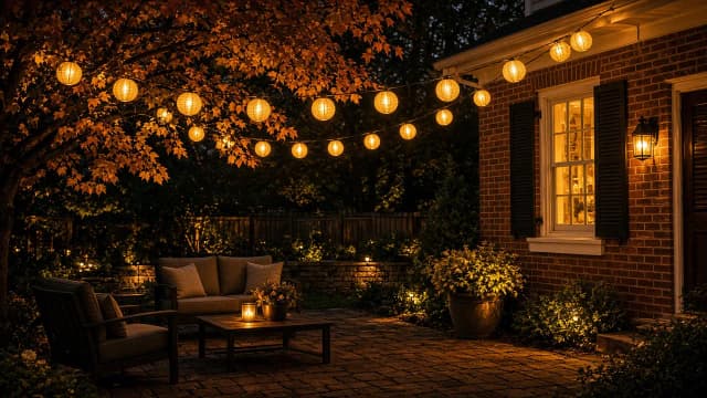 Diwali light installation in Vienna, VA by Light DMV — backyard patio lantern glow