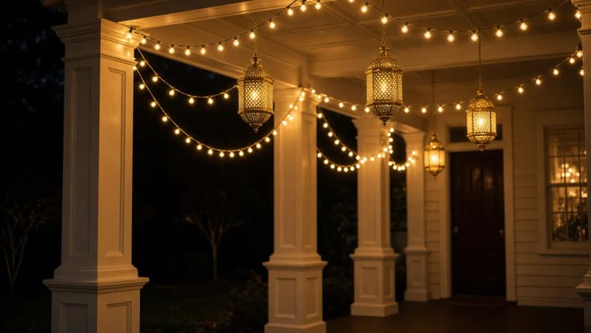 Diwali light installation in Vienna, VA by Light DMV — porch and window facade detail