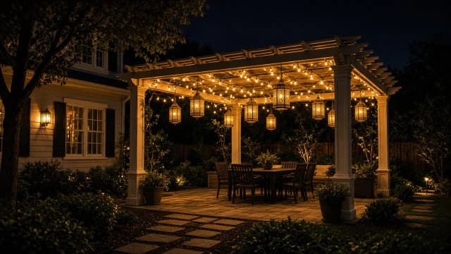 Diwali light installation in Vienna, VA by Light DMV — pergola lantern canopy
