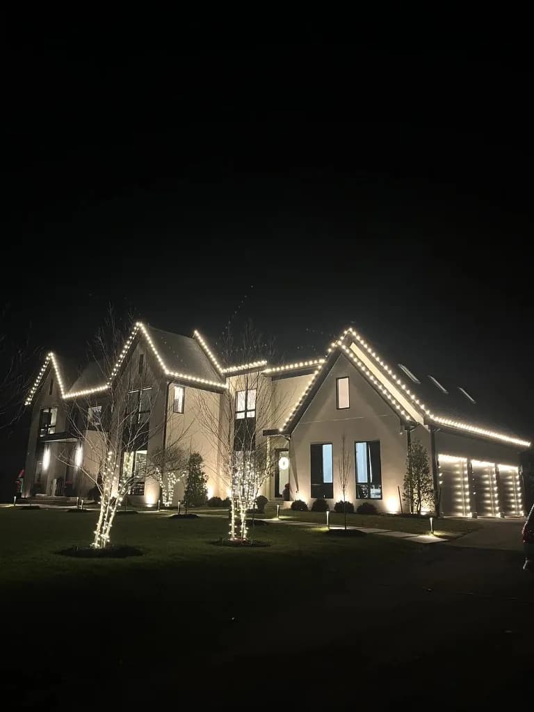 Christmas light installation in the DMV by Light DMV — warm white roofline and tree wrap on a modern home