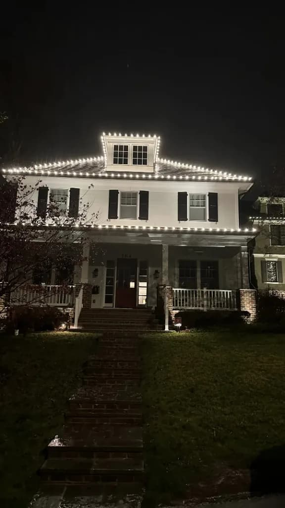 Christmas light installation in the DMV by Light DMV — illuminated tree and classic roofline at night
