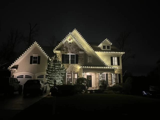 Christmas light installation in the DMV by Light DMV — warm white landscape lighting on a long driveway