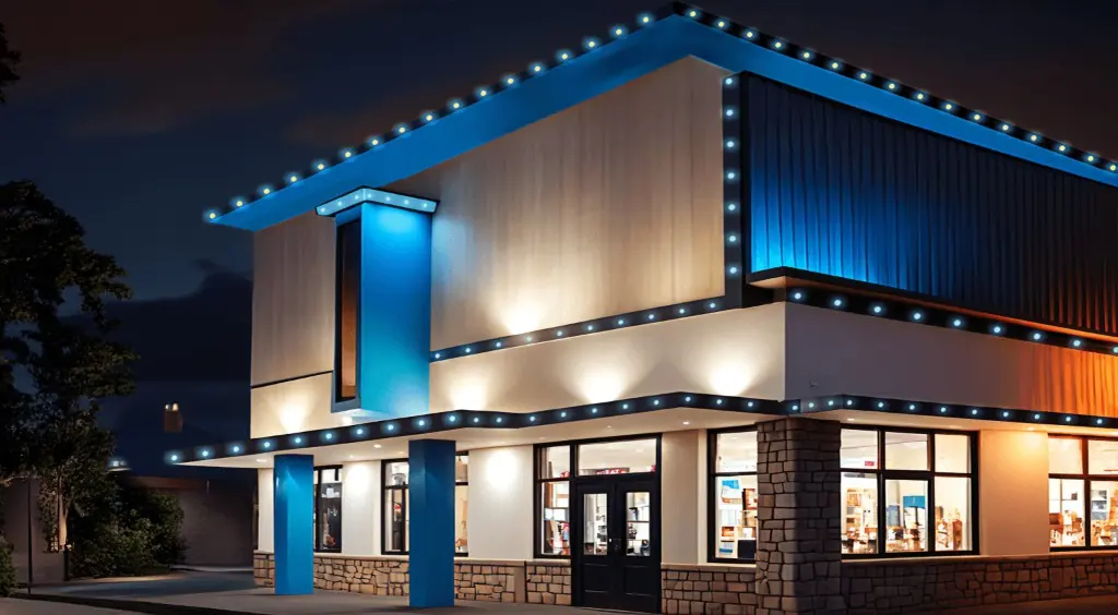 Commercial storefront illuminated with permanent LED roofline lighting in a cyan-blue corporate wash by Light DMV — commercial mode.