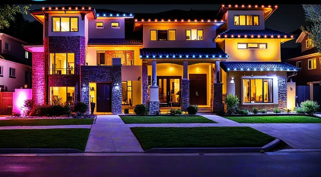 Estate home with full-color RGB permanent LED roofline lights running a multi-color game-day program by Light DMV.