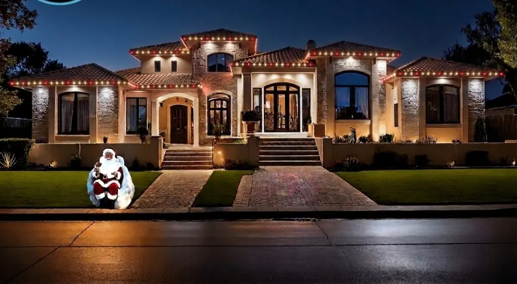 Mediterranean-style estate at night with warm-white permanent LED roofline lights, accent reds, and a Santa figure on the lawn — Light DMV holiday programming.