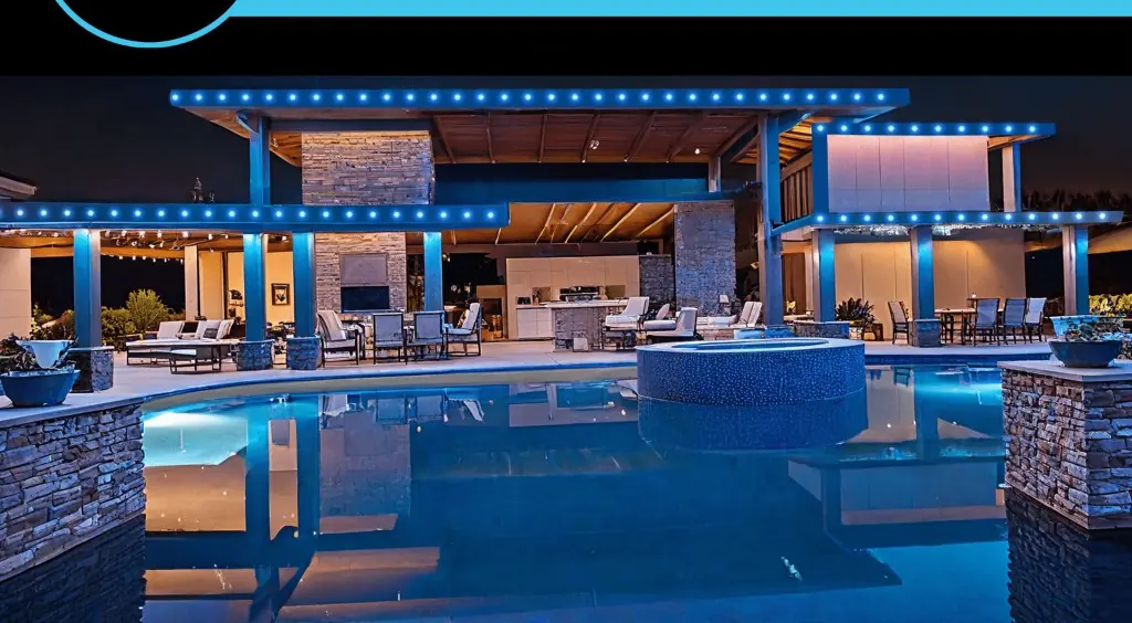Backyard pool and pergola lit with cyan-blue permanent LED accent lighting along the structure and along the waterline by Light DMV.