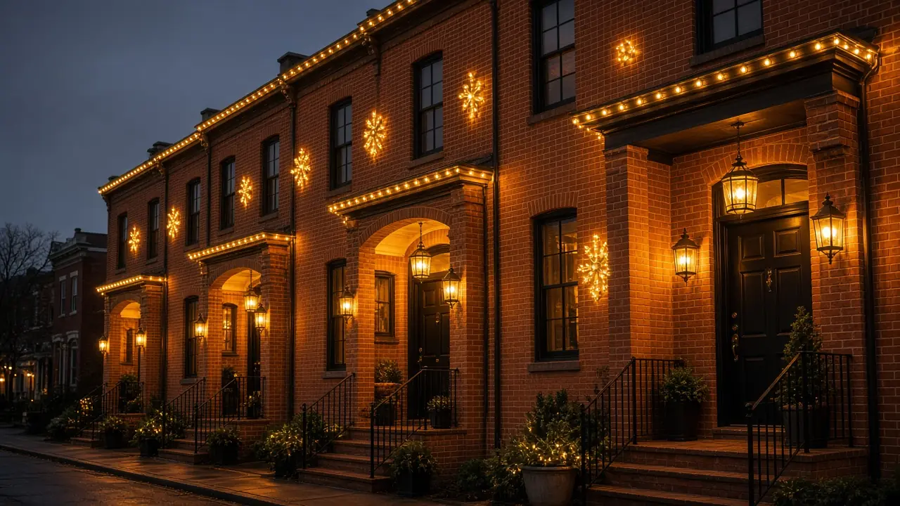 Diwali light installation in Arlington, VA by Light DMV — dusk roofline hero with gold-amber LED