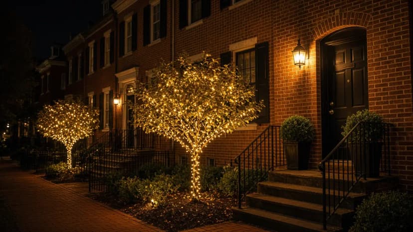 Diwali light installation in Arlington, VA by Light DMV — amber tree wraps beside the home